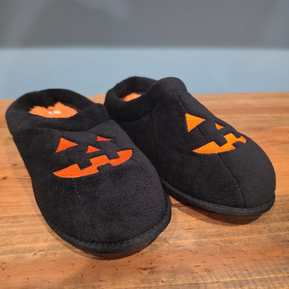 Dluxe Dearfoams Halloween Jack-O-Lantern Slippers Black Orange W9-10 M7-8